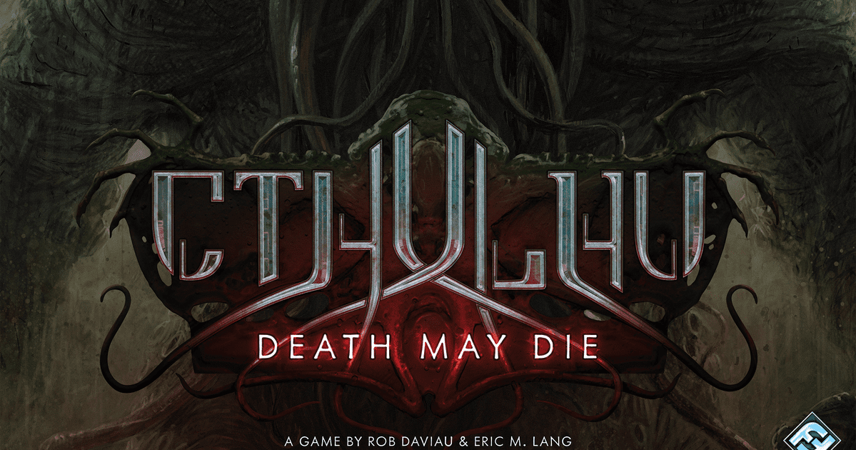Box cover of Cthulhu: Death May Die, showing an armed investigator confronting a towering cosmic horror